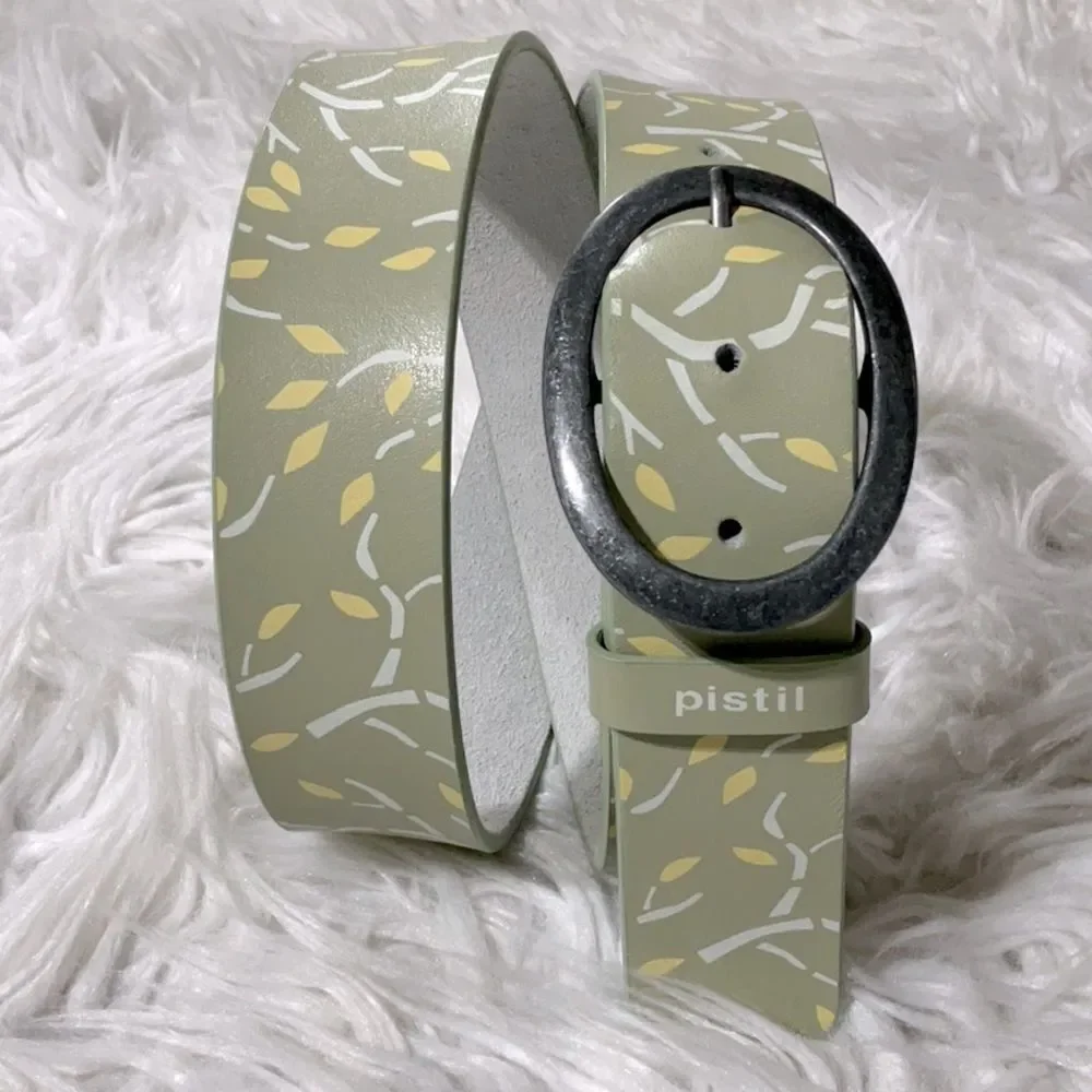 PISTIL leather belt novelty print antiqued silvertone buckle NWOT sz M